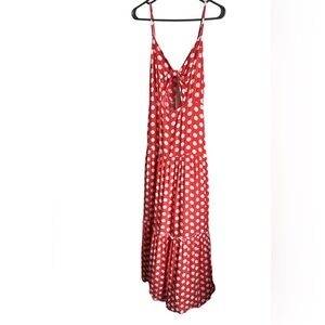 SHEIN Small Polka Dot Spaghetti Strap Open Front Knot Maxi Ruffle Dress